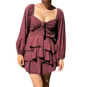 Alter’d State Wine Swiss Dot Tiered Mini Dress Smocked Back Tie Bust Long Sleeve